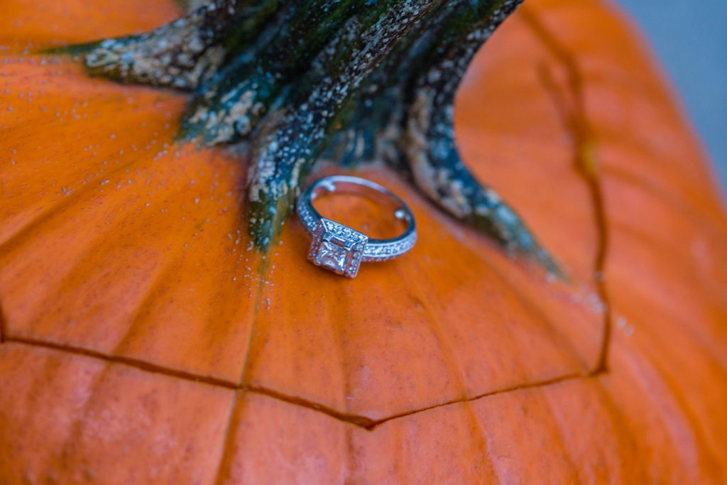 engagement ring sits on a pumpkin